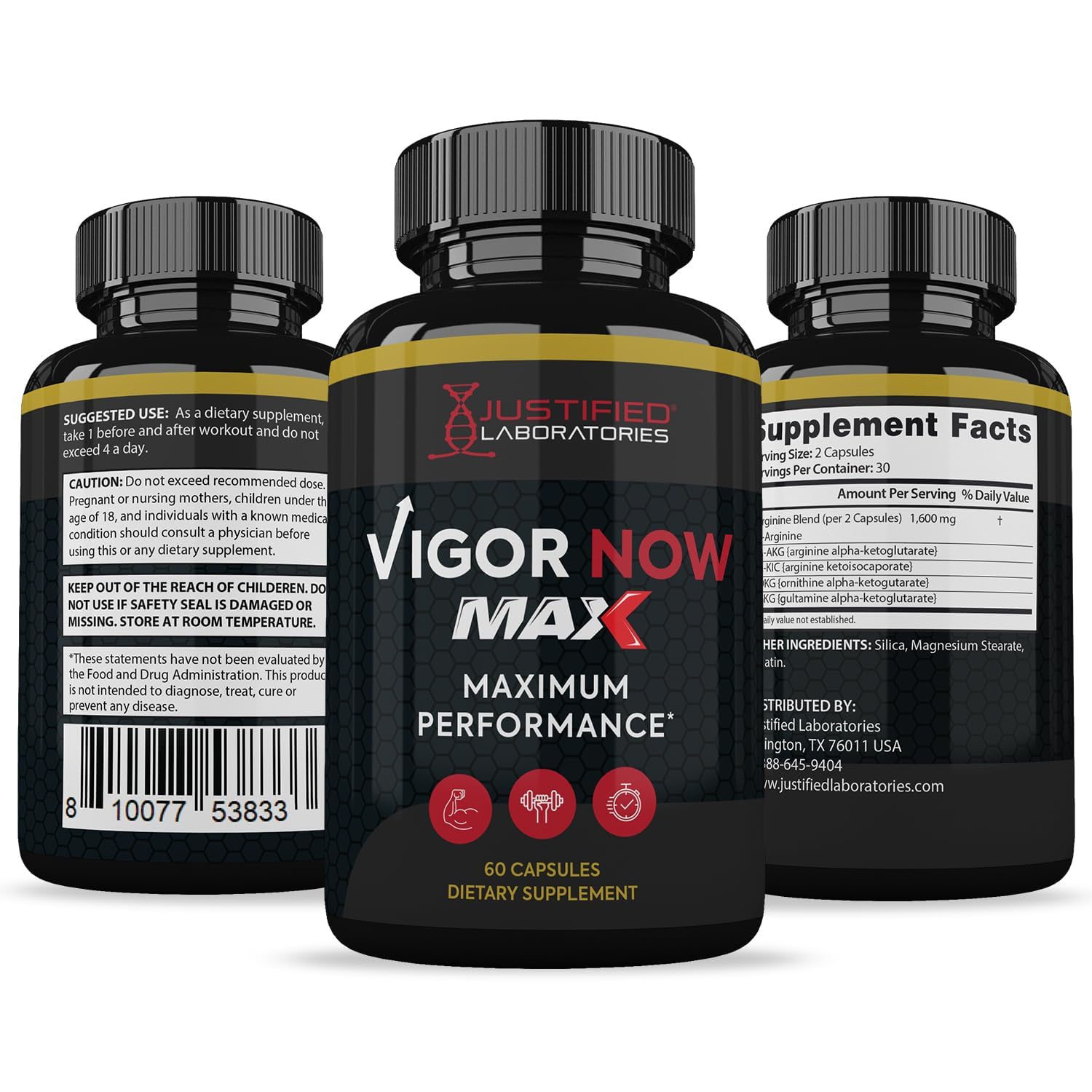 Supplement facts/ingredient panel for Vigor Now Max 1600MG