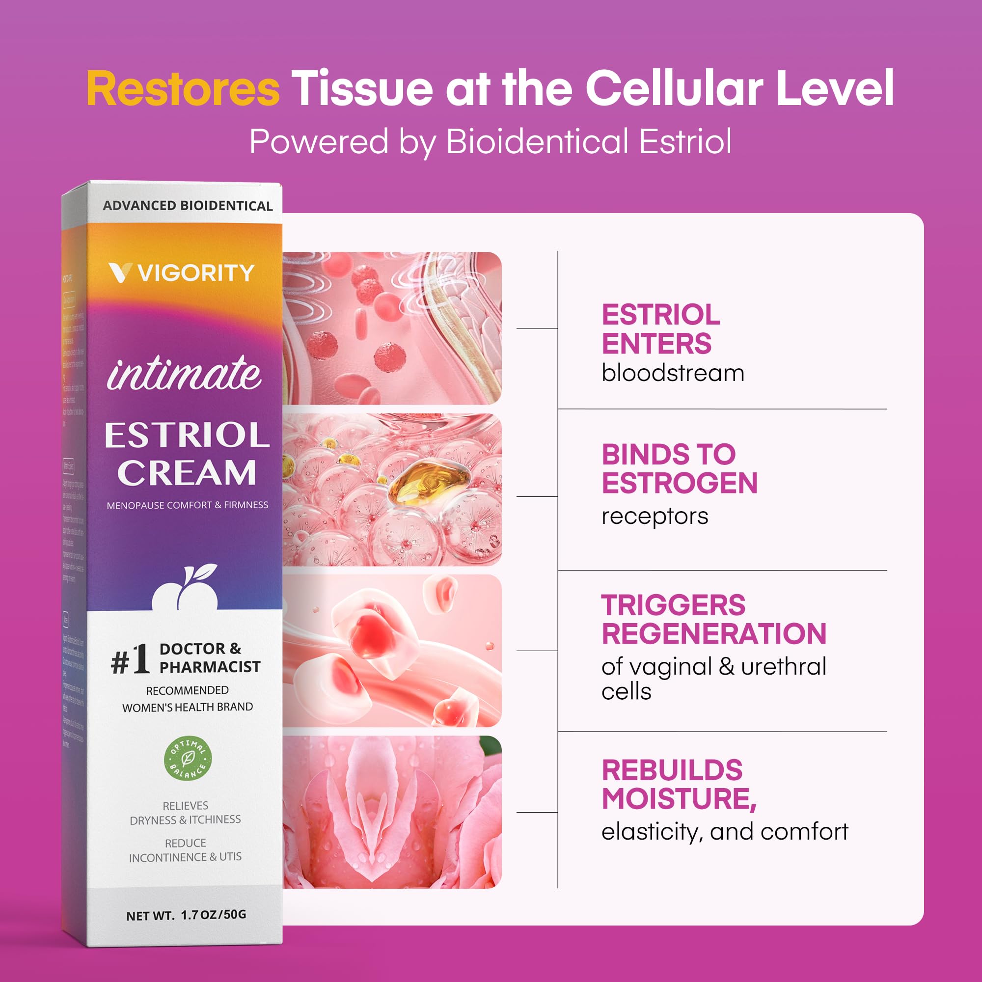 Product display of Vigority Estriol Cream for ongoing intimate care.