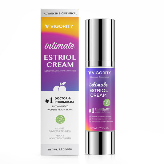 Vigority Bioidentical Estriol Cream tube close-up with smooth texture for daily intimate moisture.