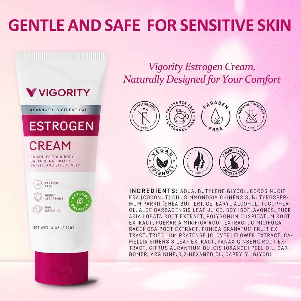 Vigority Estrogen Cream paraben-free packaging—clean ingredients for daily skin routines.