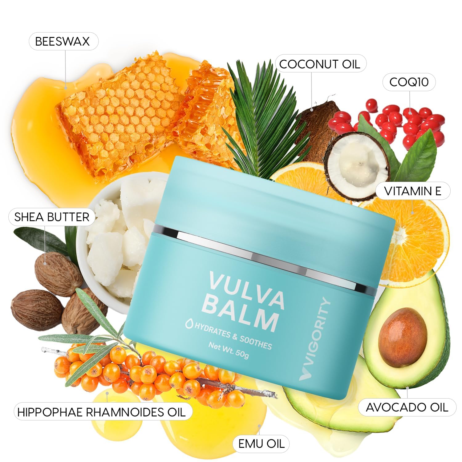Vigority Vulva Balm ingredients showcase beeswax, shea, emu oil, CoQ10.