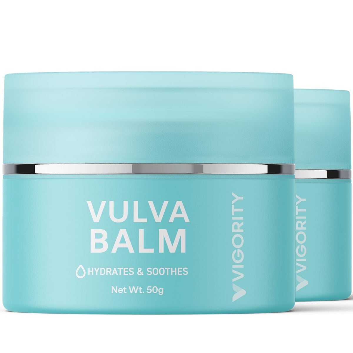 Vigority Vulva Balm jar closeup highlighting creamy texture for daily intimate comfort.