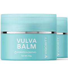 Vigority Vulva Balm jar closeup highlighting creamy texture for daily intimate comfort.