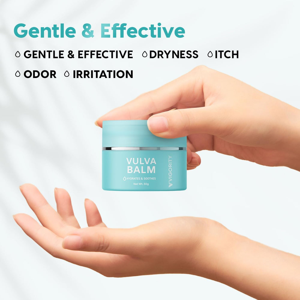 Vigority Vulva Balm applied to soft skin after use for hydration.