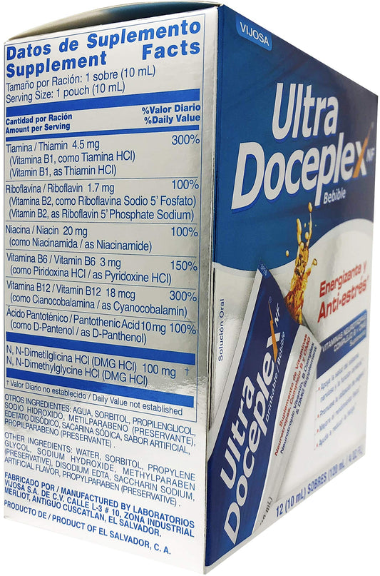 Close-up of VIJOSA Ultra Doceplex Energy Pouches liquid