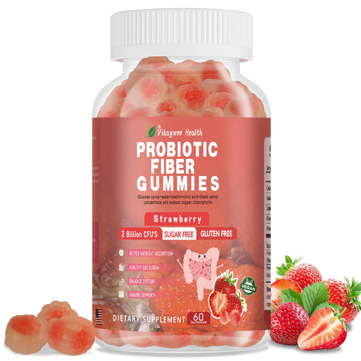 Vikaywoo Probiotic Fiber Gummies Strawberry flavor bottle front
