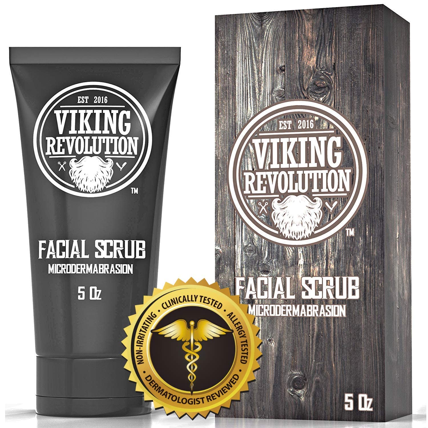 Viking Revolution exfoliating face scrub with jar visible on counter.