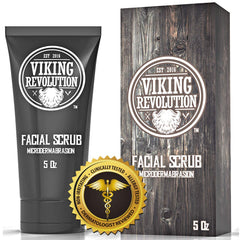 Viking Revolution exfoliating face scrub with jar visible on counter.