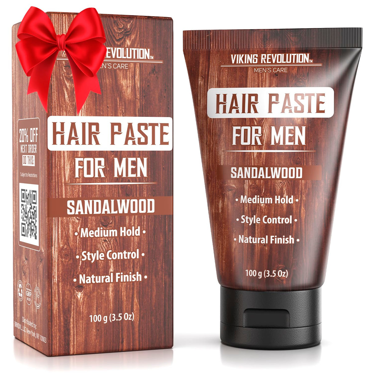 Viking Revolution Hair Paste sandalwood bottle for all-day hold with a natural finish.