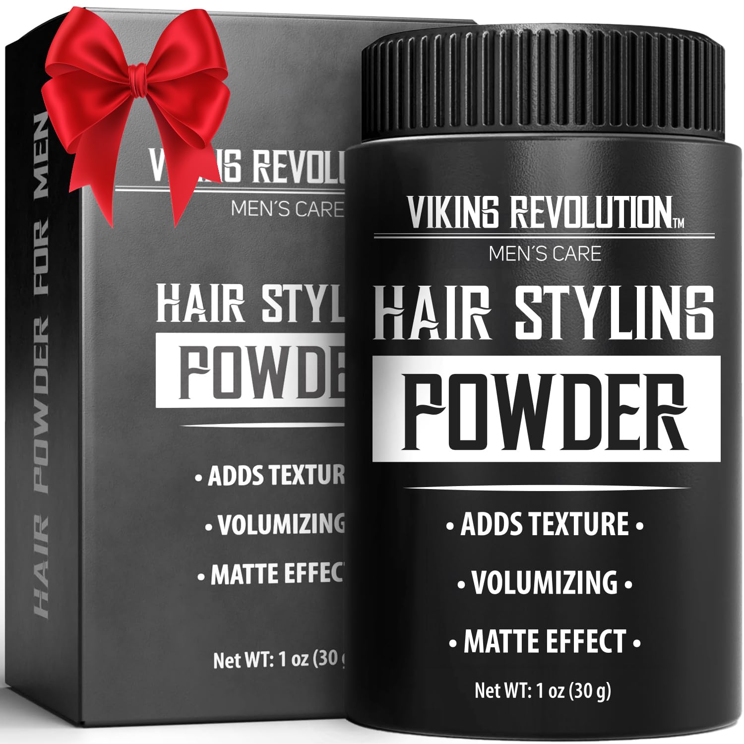 Viking Revolution hair powder packaging, compact for on-the-go styling.
