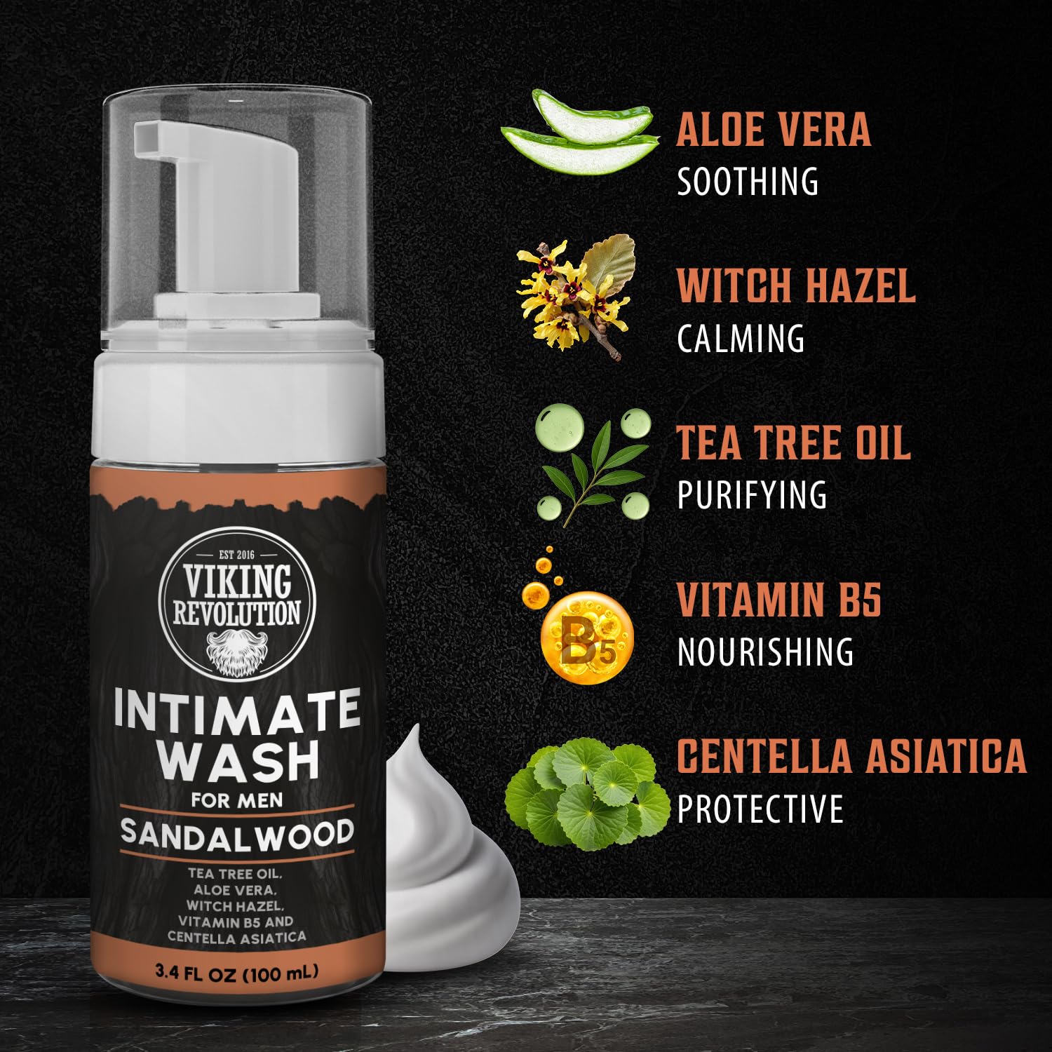 Viking Revolution witch-hazel-extract emphasizes calming, balanced skin after wash.