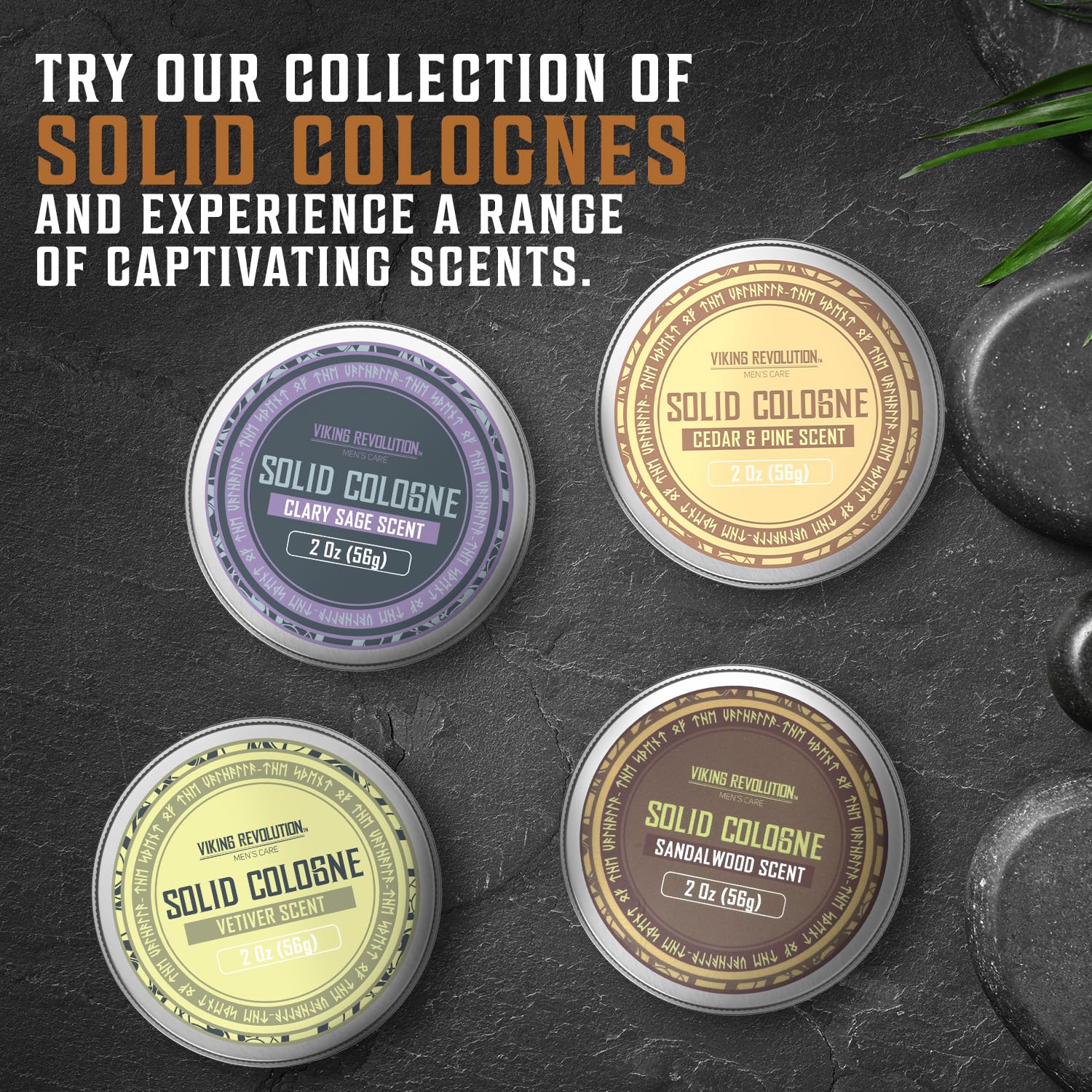 Viking Revolution Vetiver solid cologne packaging emphasizing compact travel-friendly design.