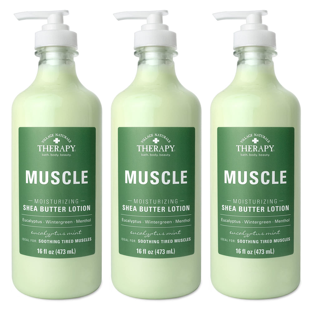 Village Naturals Therapy Muscle Lotion bottle with Eucalyptus Mint scent