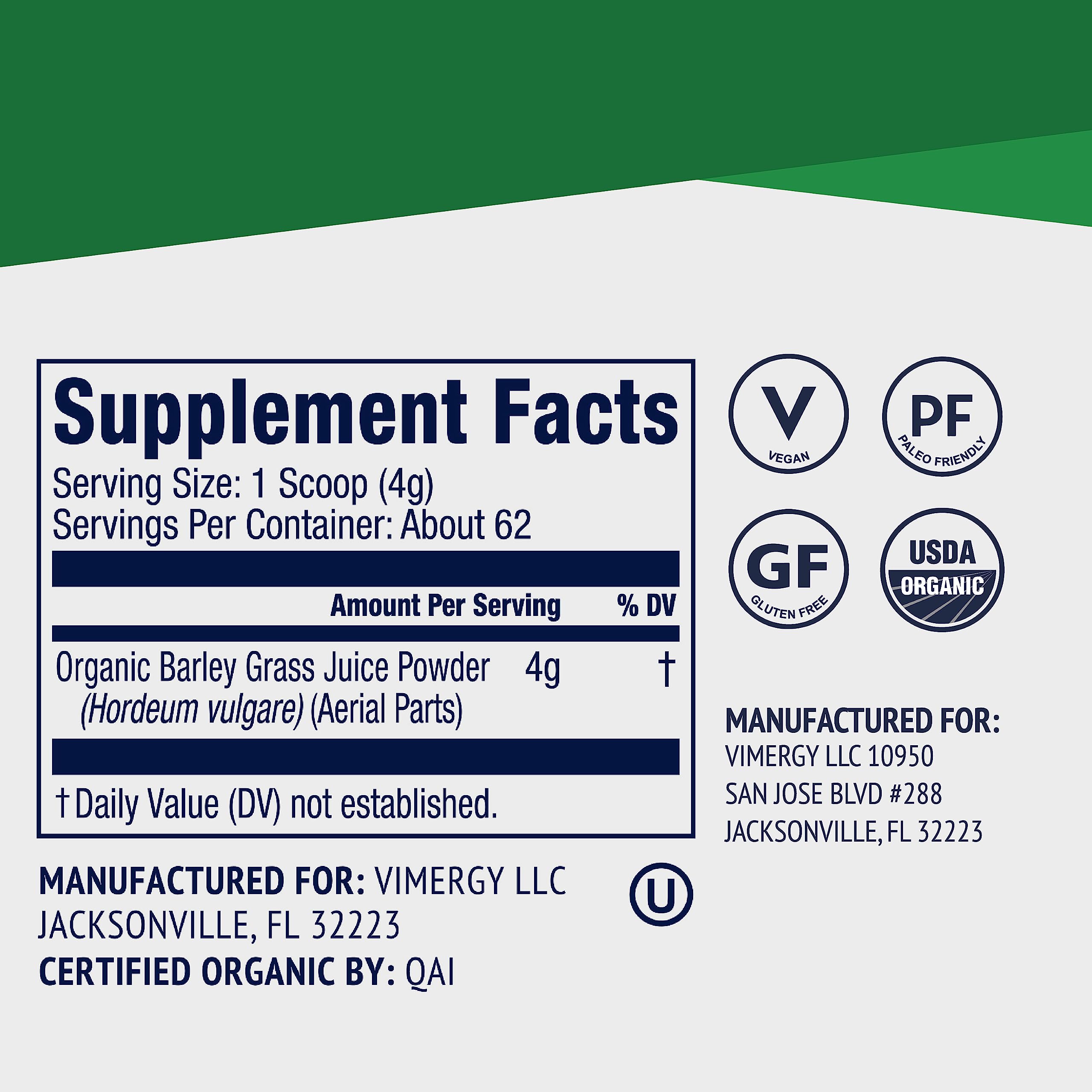 Ingredients list for Vimergy Barley Grass Juice Powder