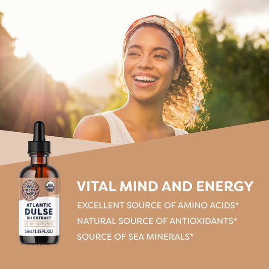 Dropper dispensing 1 mL of Vimergy Atlantic Dulse Liquid