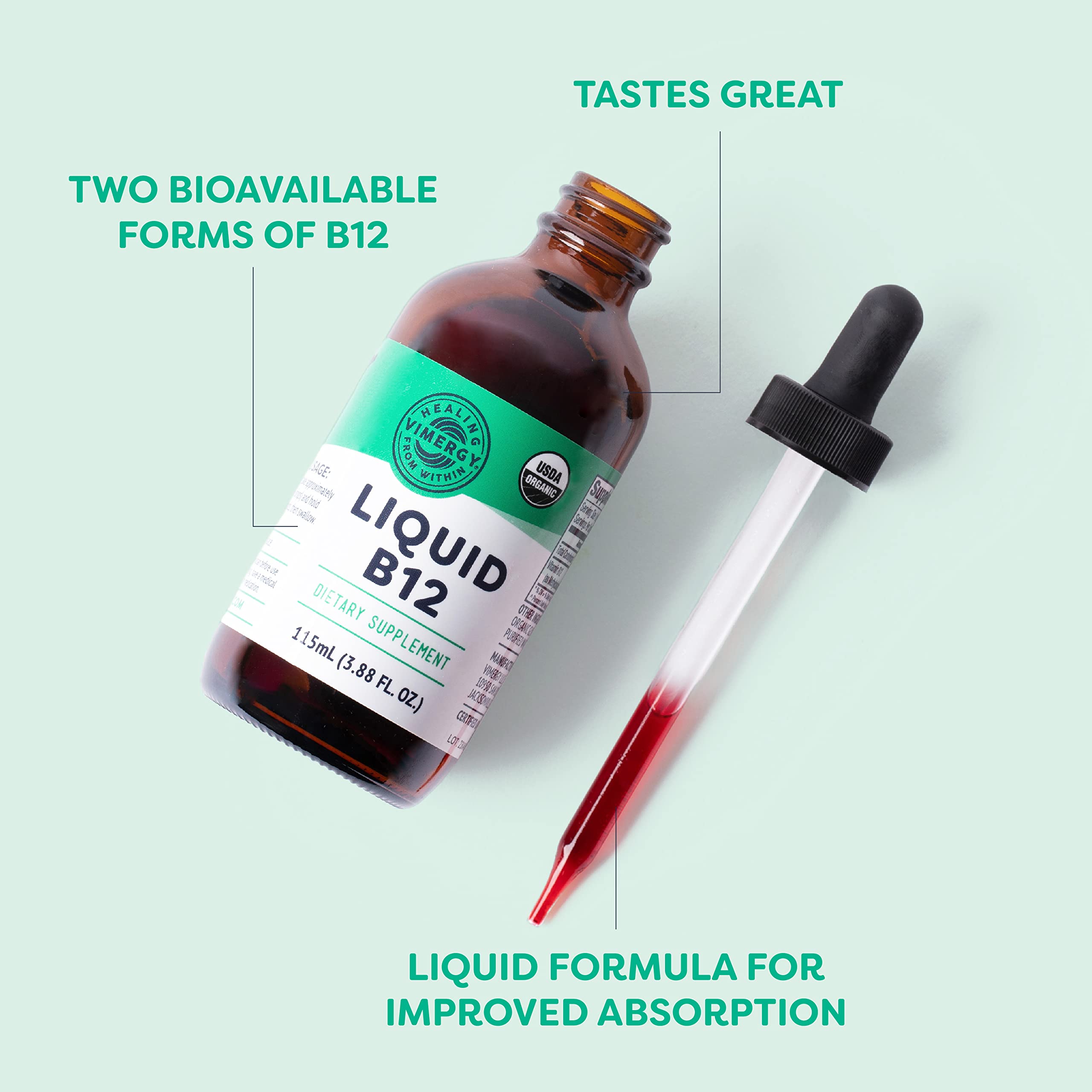 Vimergy B12 bottle label close-up highlighting organic, non-GMO credentials.