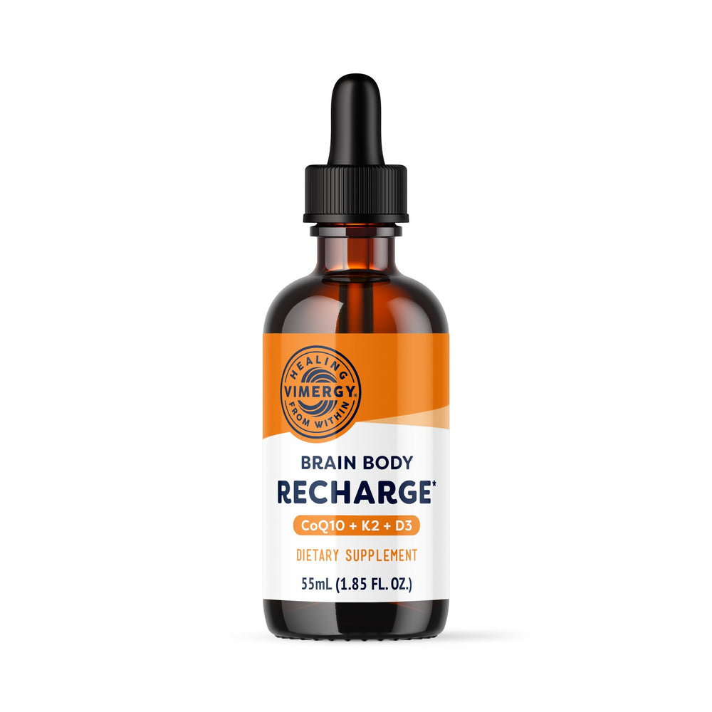 Vimergy Brain Body Recharge bottle pour enables easy daily dosing for energy support.
