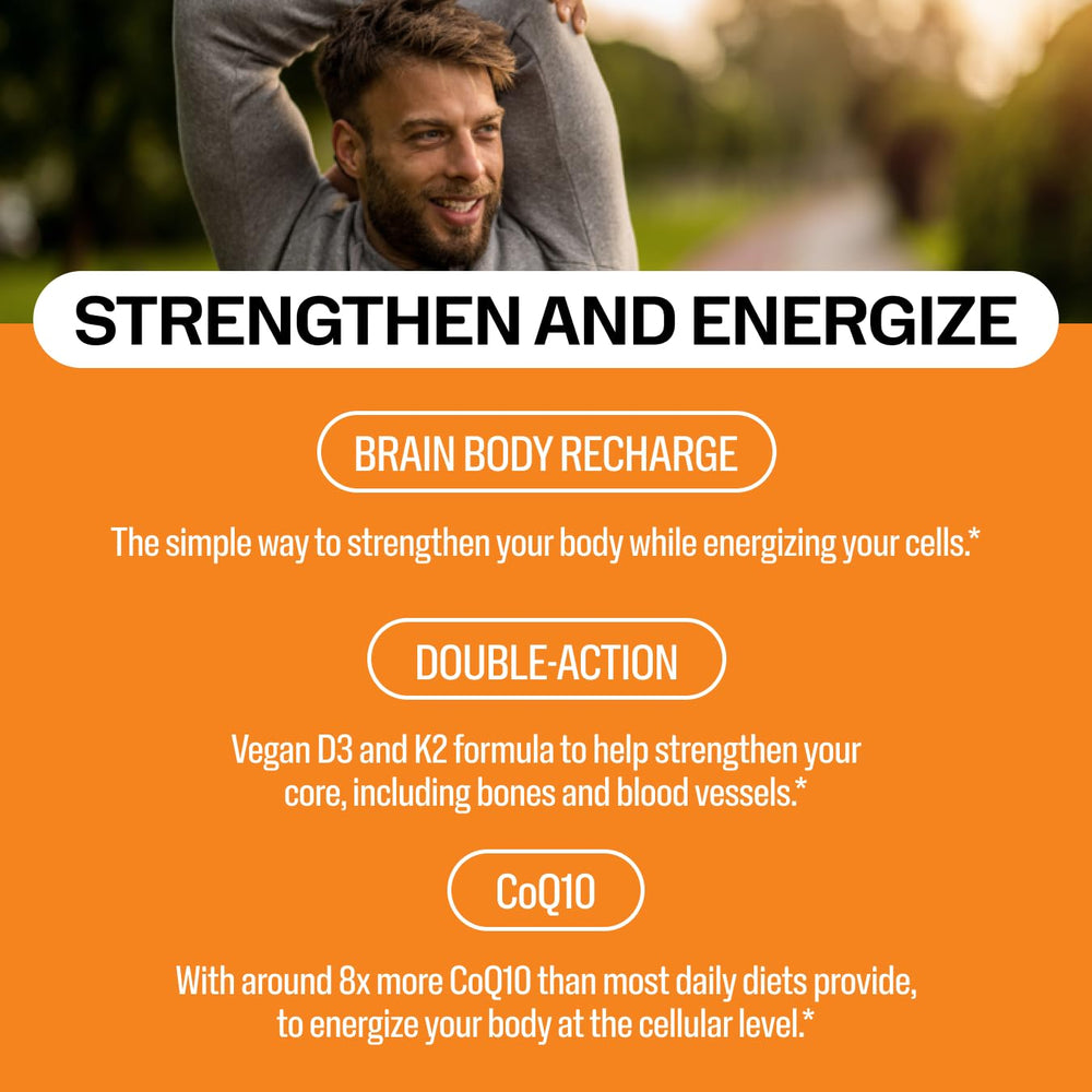 Vimergy Brain Body Recharge label close-up highlights vegan D3 and MK-7 K2 for support.