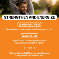 Vimergy Brain Body Recharge label close-up highlights vegan D3 and MK-7 K2 for support.