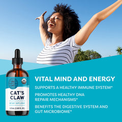 Vimergy Cat’s Claw Liquid label shows organic vegan formula