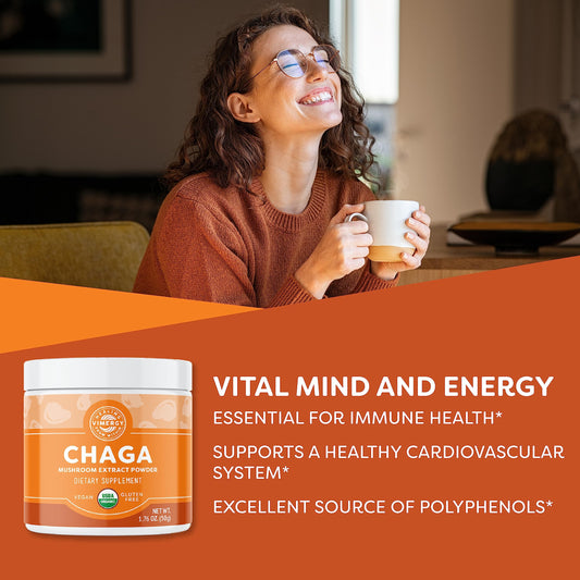 Close-up of Vimergy Chaga Powder label showing USDA Organic and vegan certifications