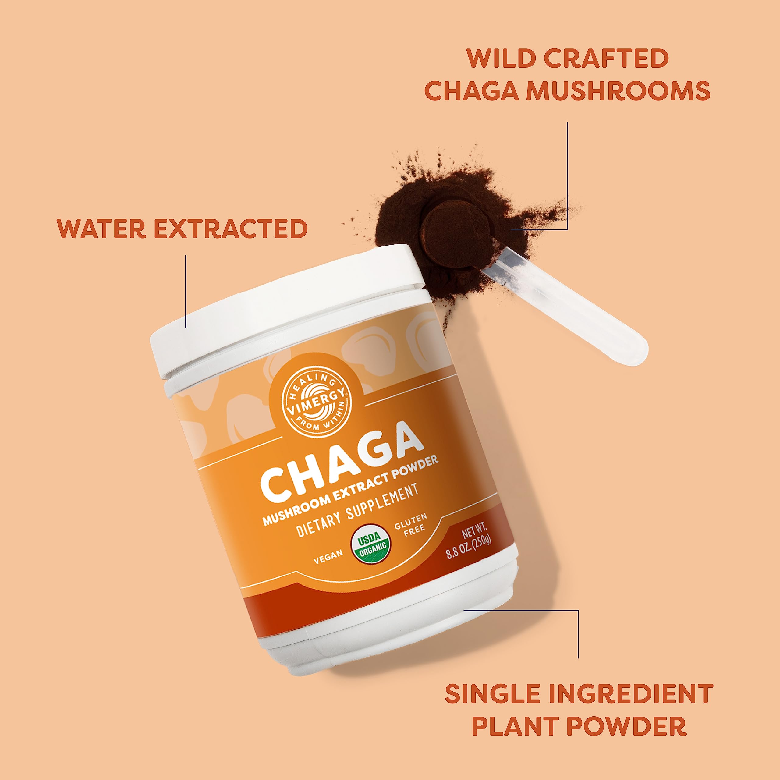 Vimergy chaga powder scoop, easy measuring for smoothies and beverages.