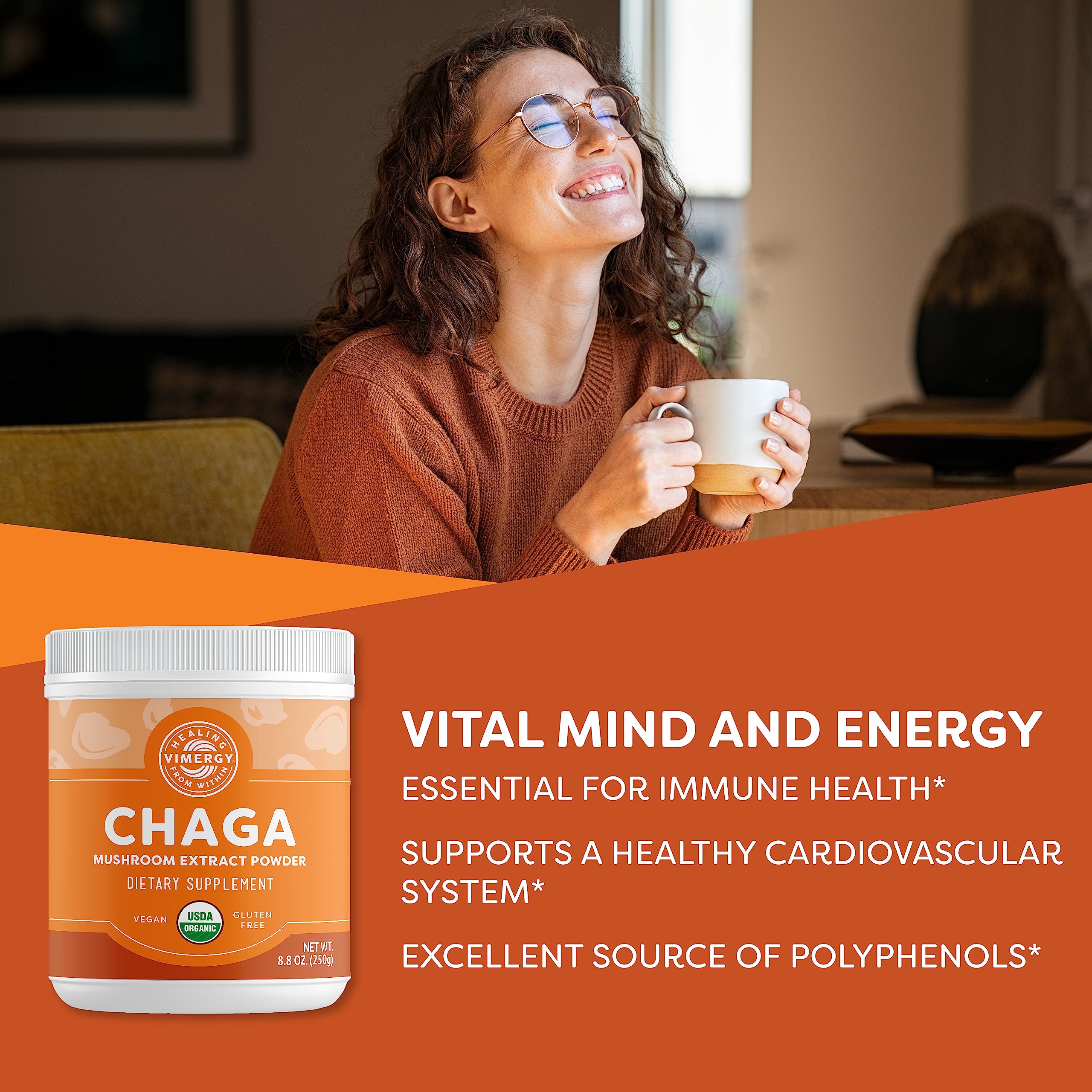 Vimergy chaga tea brew in cup, warm beverage with potential immune-supporting compounds.
