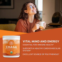 Vimergy chaga tea brew in cup, warm beverage with potential immune-supporting compounds.