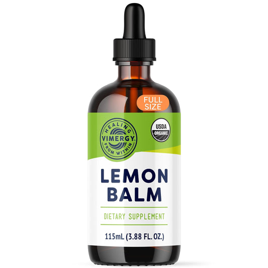 Vimergy Lemon Balm Tincture bottle, 115 mL size, on white background
