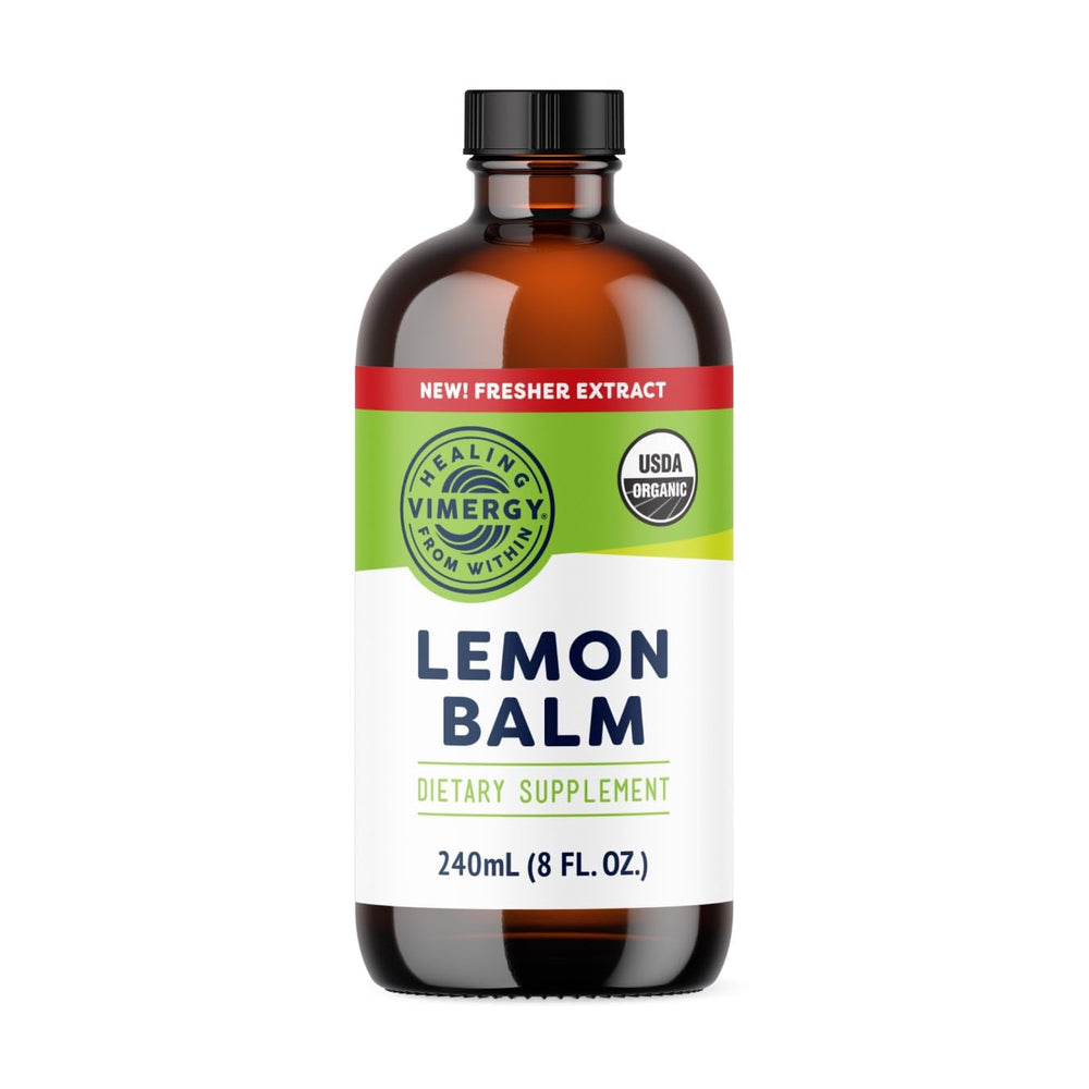 Vimergy Organic Lemon Balm Tincture bottle with 1 mL serving size