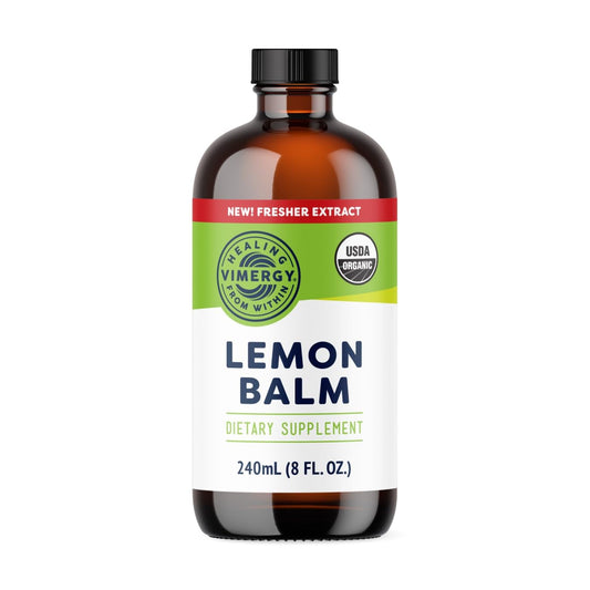 Vimergy Organic Lemon Balm Tincture bottle with 1 mL serving size