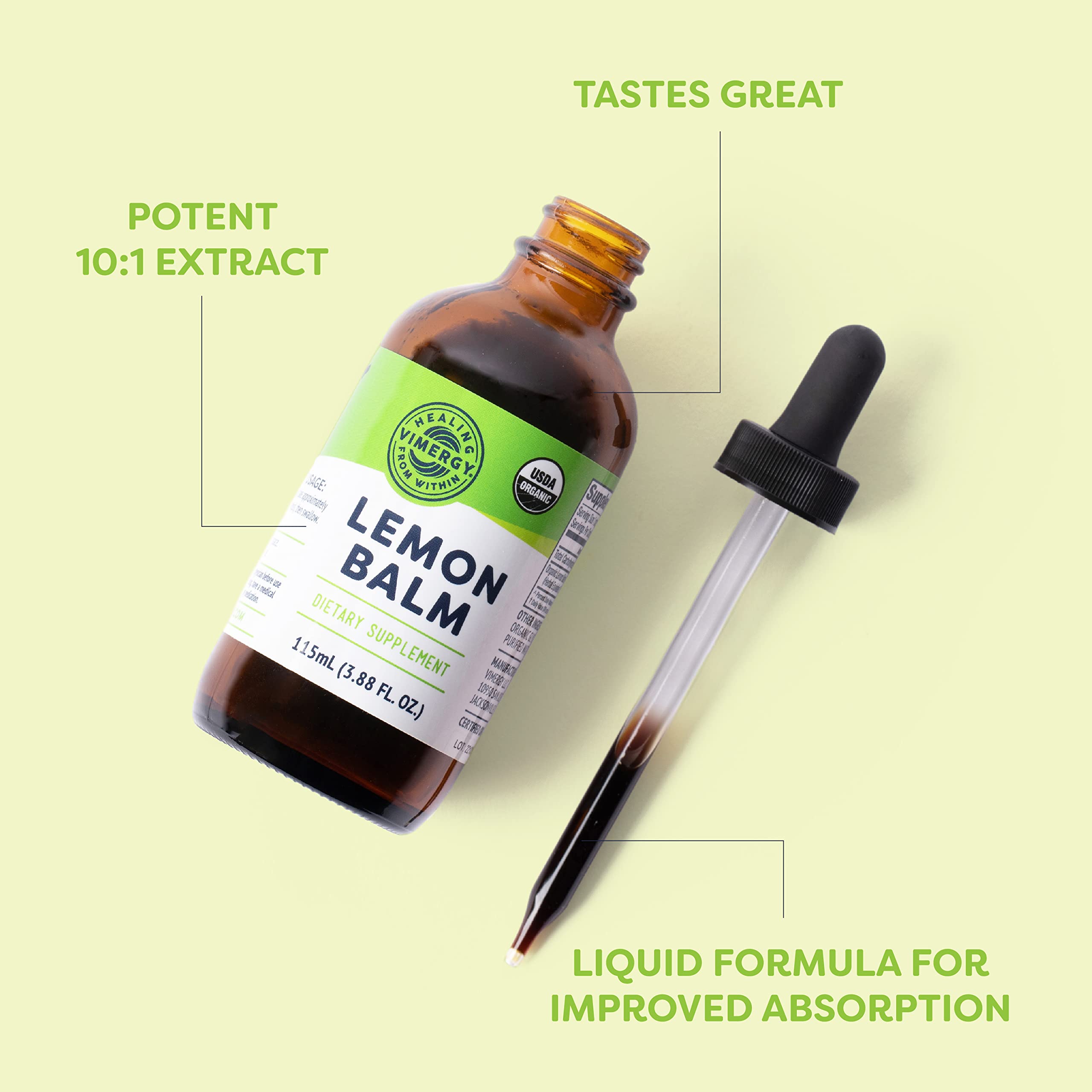 Label with USDA Organic and Non-GMO icons on Vimergy tincture