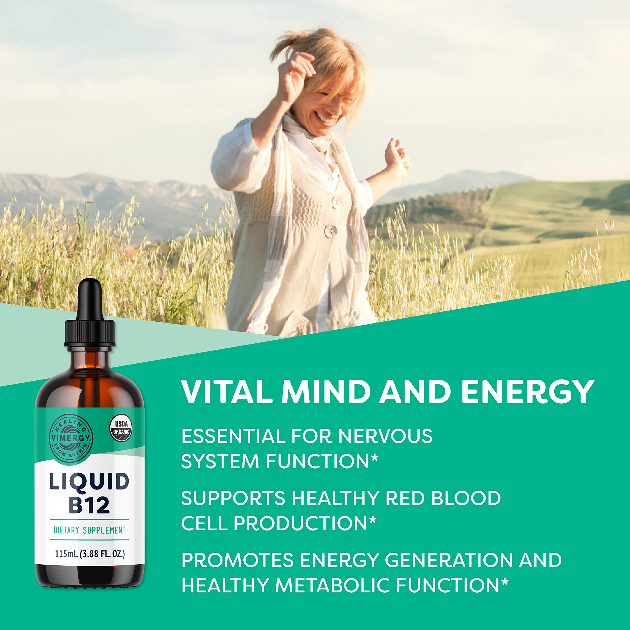 Vimergy B12 dropper dispensing precise doses for easy supplementation.