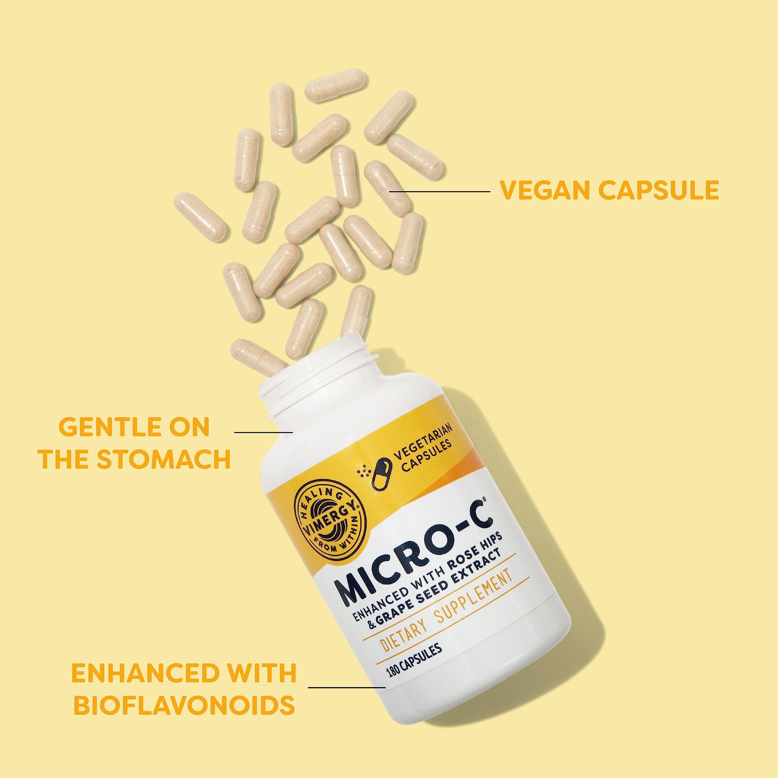 Vimergy Micro-C bottle label highlighting vegan, kosher, gluten-free