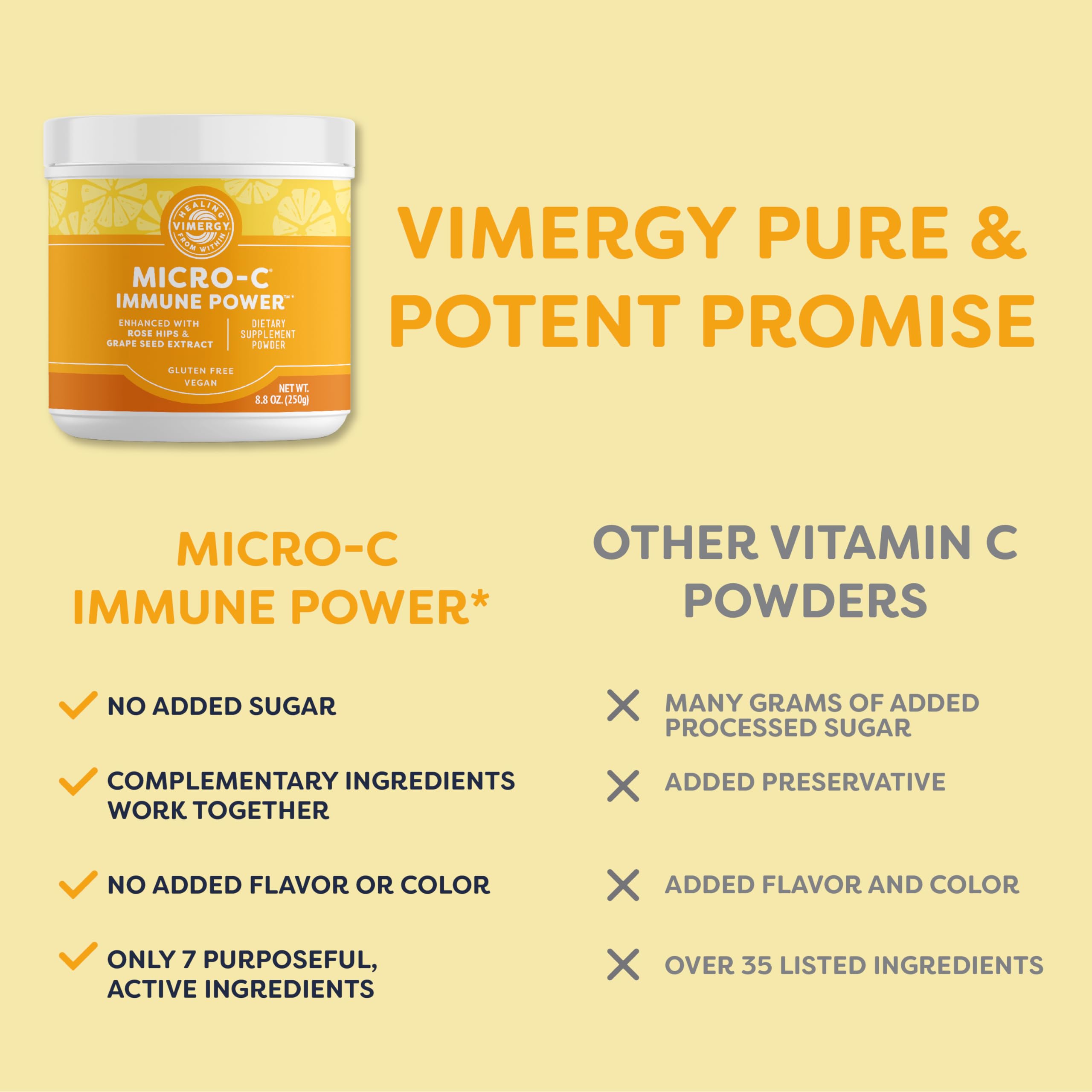 Gluten-free, vegan, kosher certification icons on Vimergy packaging