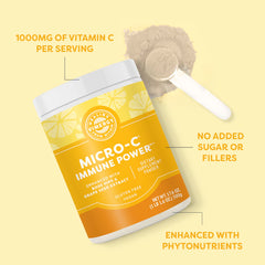 Pouring Vimergy Micro-C Immune Power into a glass of water for a citrus drink.