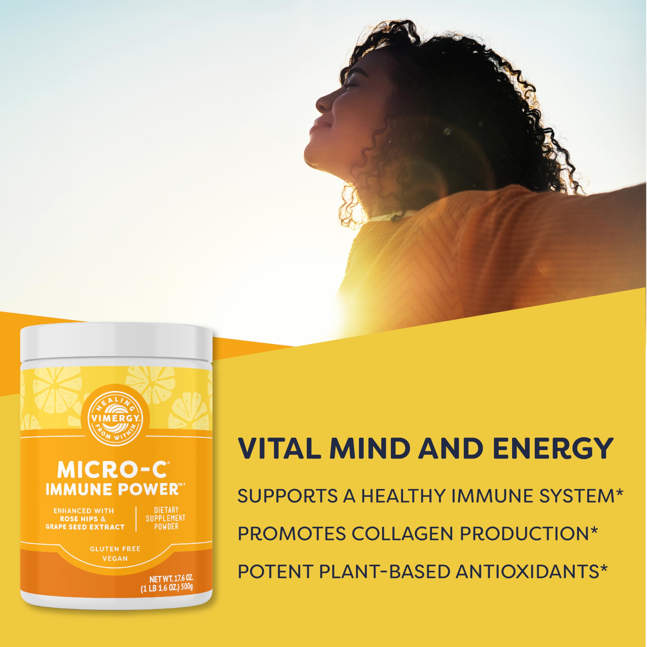 Scoop resting on Vimergy Micro-C Immune Power powder, ready to blend gently.