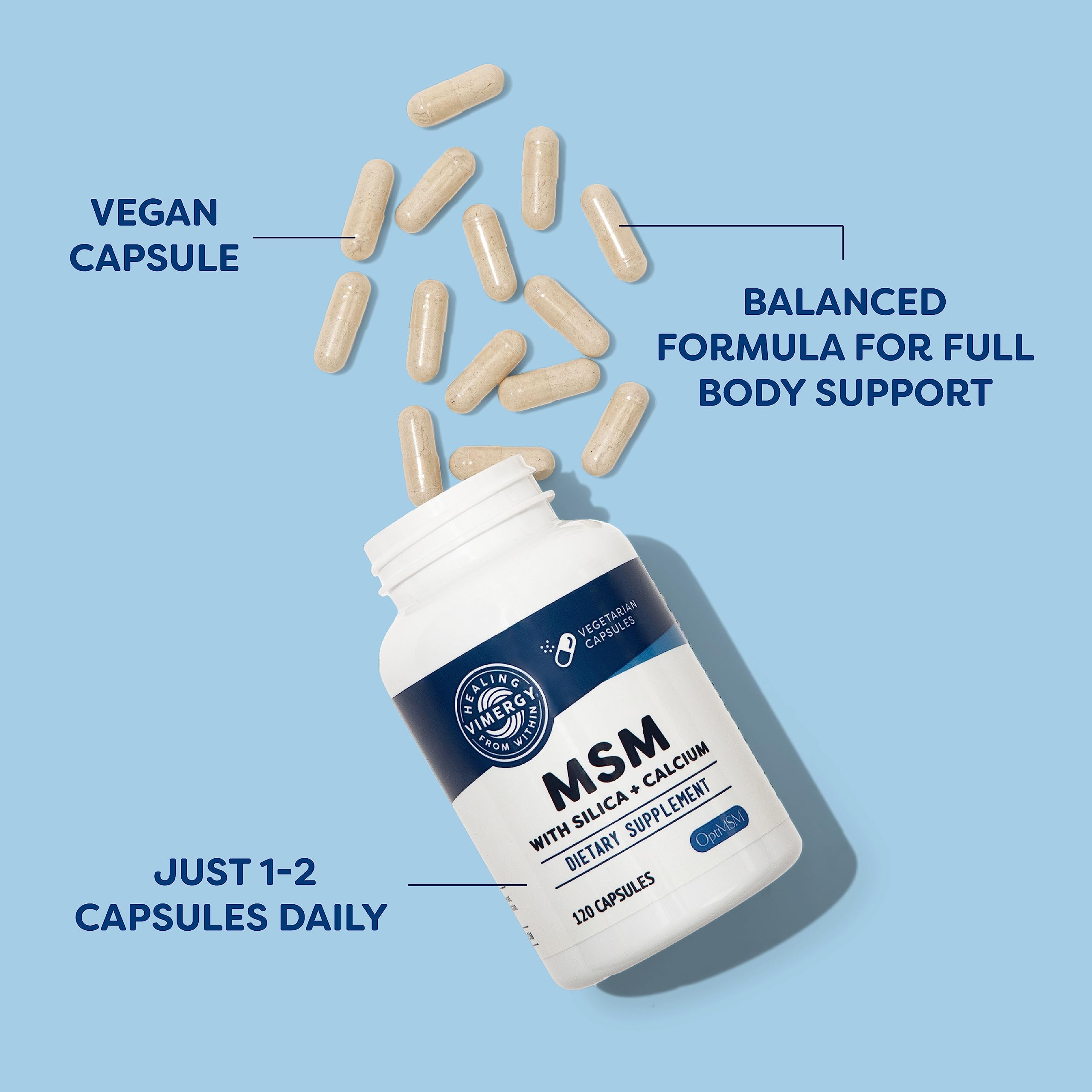 Vimergy MSM capsules being poured, signaling convenient daily use.