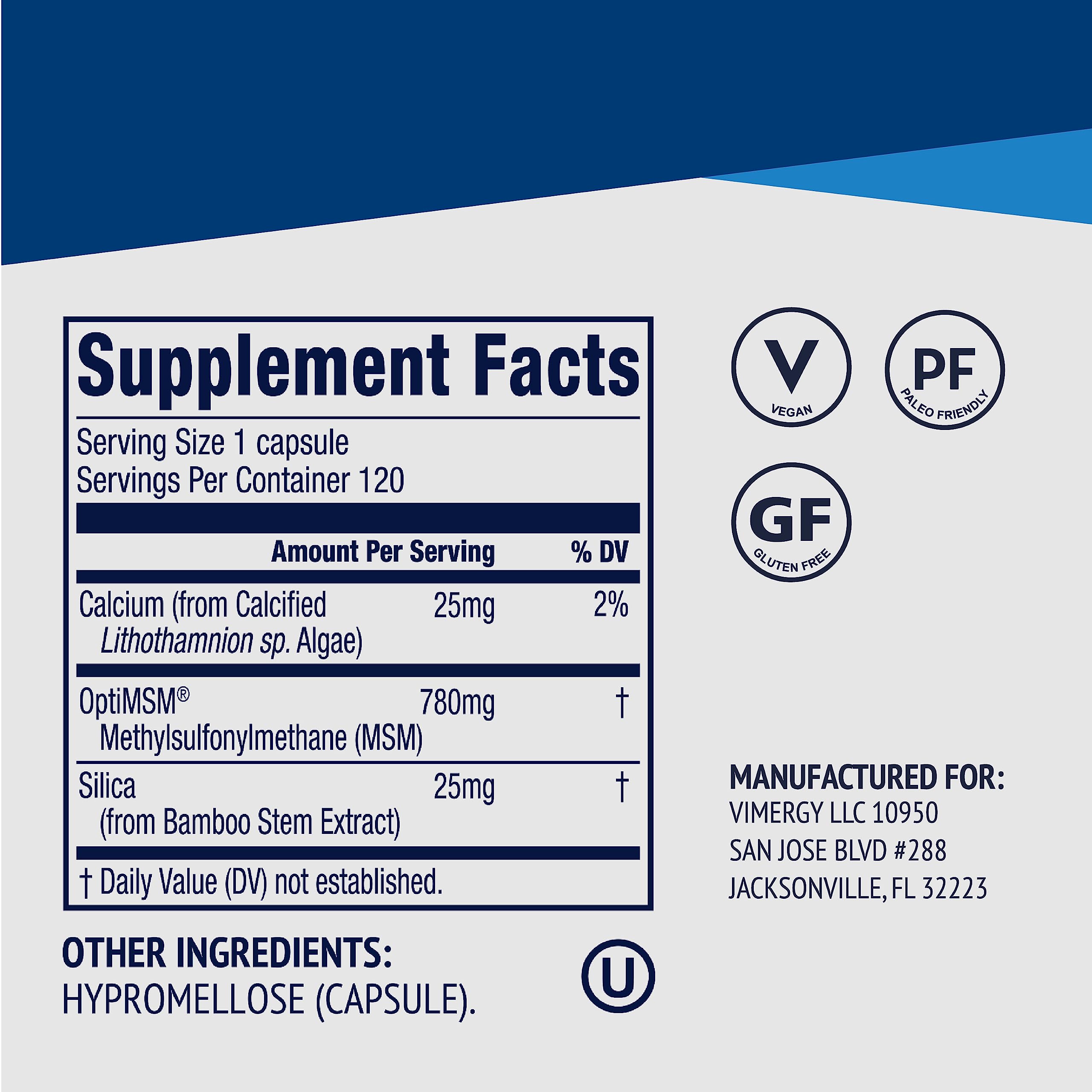 Graphic of four ingredients: OptiMSM, silica, calcium, vegan capsule.