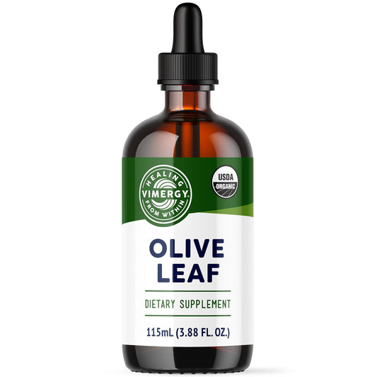 Vimergy Olive Leaf Liquid bottle with label showing 115 mL and 57 servings