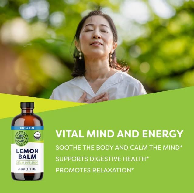 Vimergy Lemon Balm label close-up emphasizes organic and clean formula