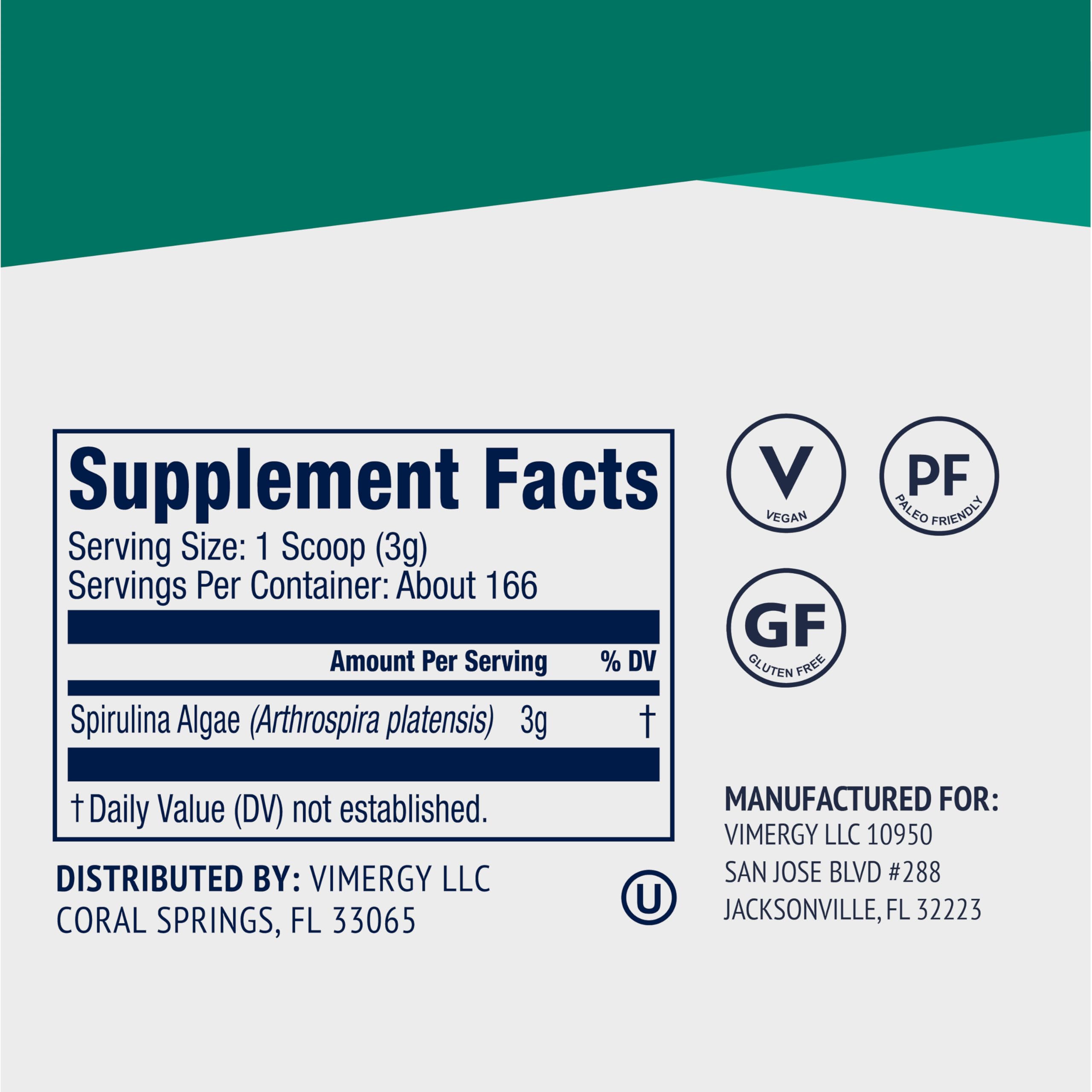 Ingredients and nutrition label of Vimergy Spirulina Powder