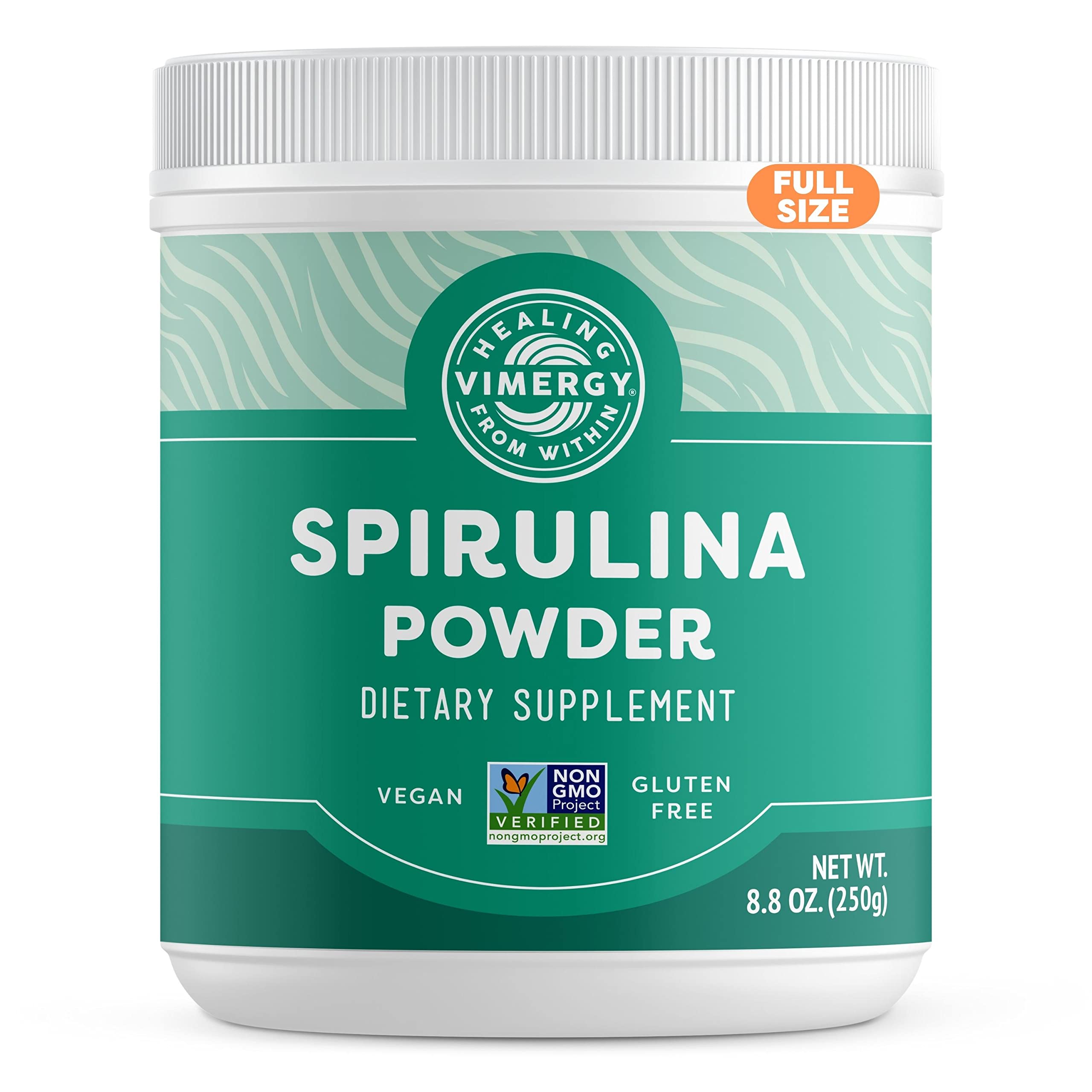 Vimergy Spirulina powder bottle highlighting plant protein for daily wellness.