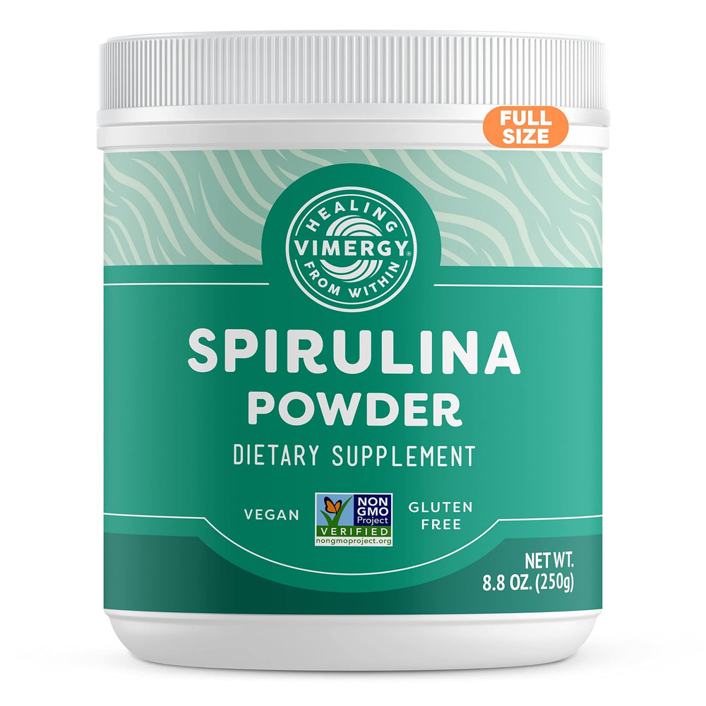 Vimergy Spirulina powder bottle highlighting plant protein for daily wellness.