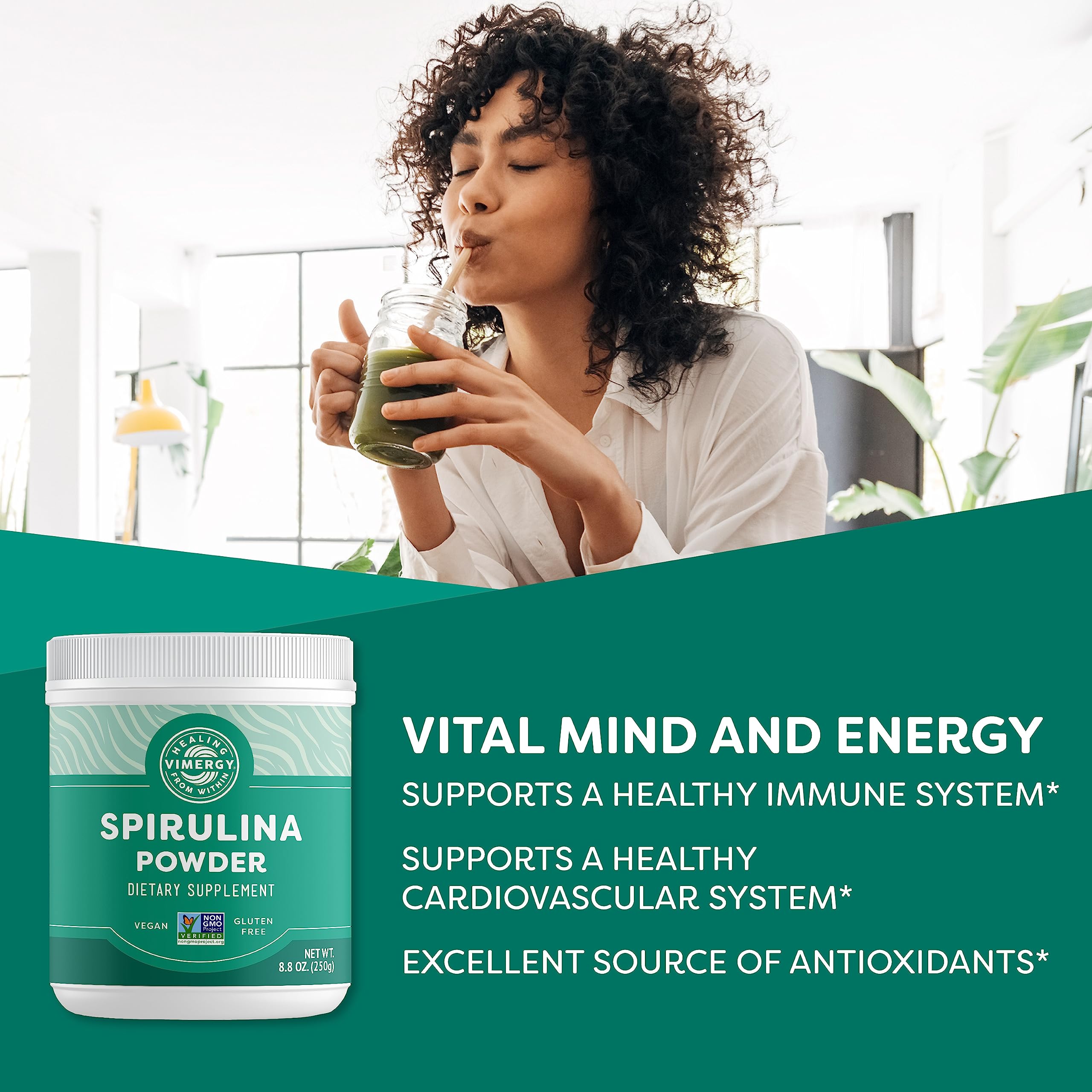 Vimergy Spirulina powder scoop for convenient servings in smoothies.