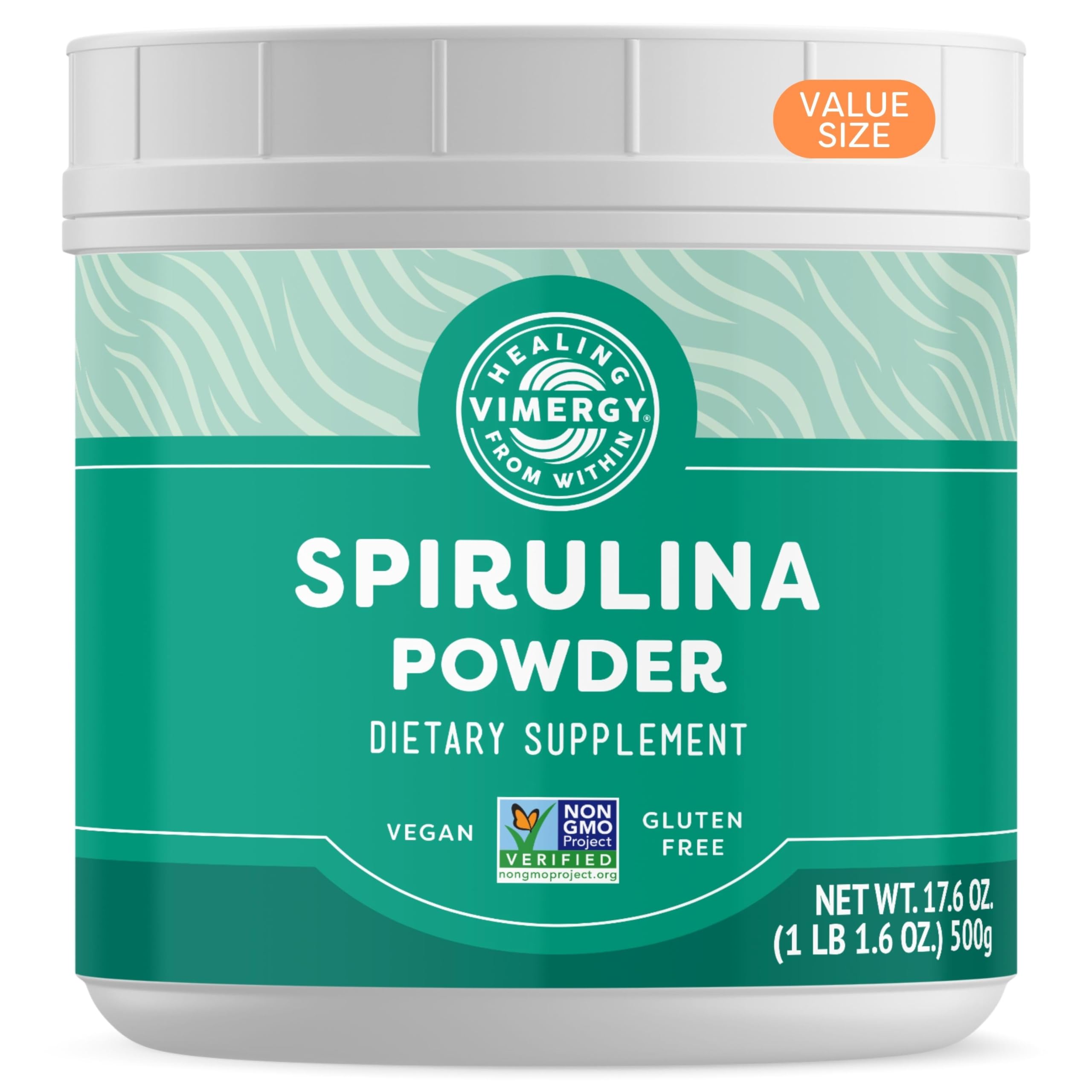 Vimergy Spirulina Powder tub with scoop ready for mixing in a glass