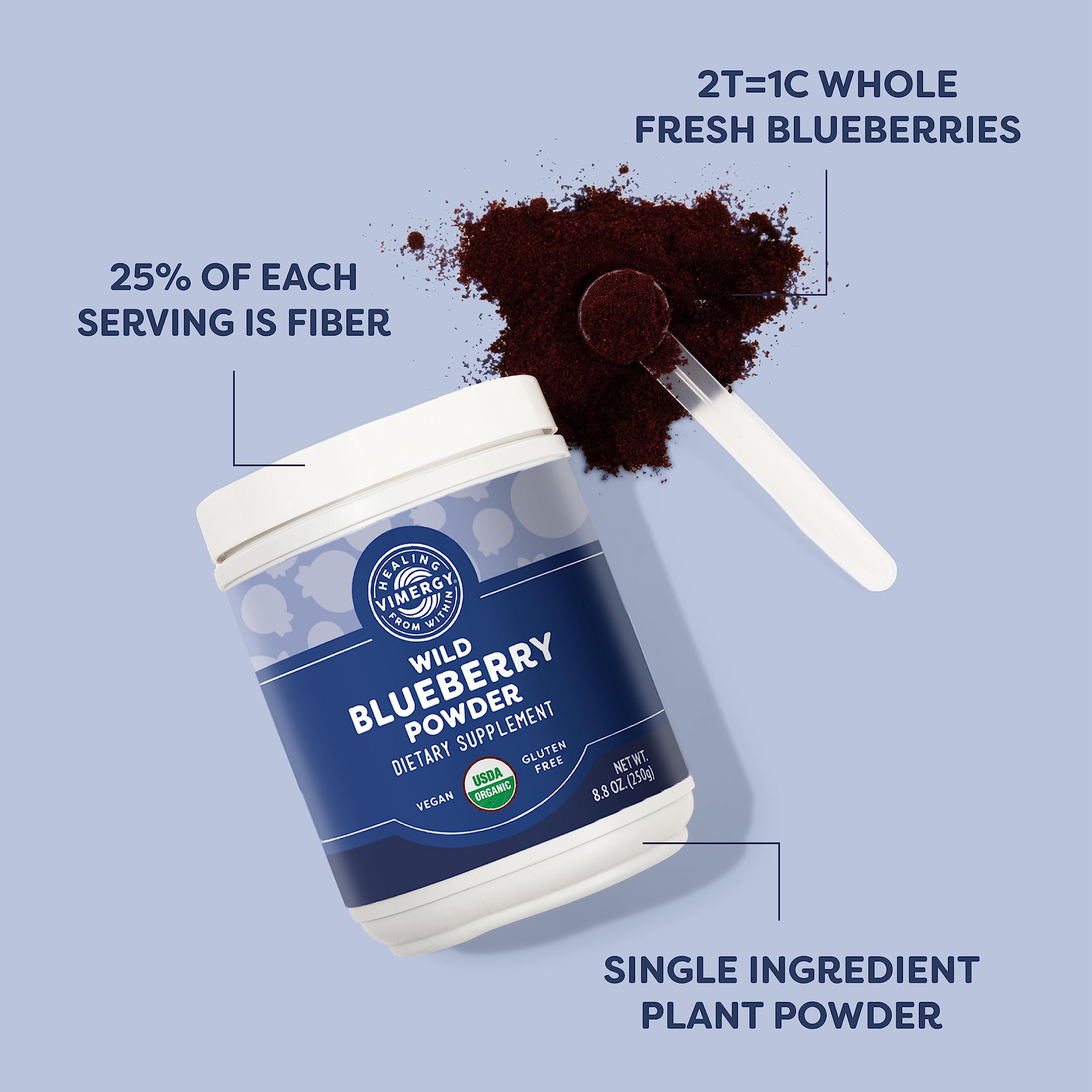 Nutrition facts panel for Vimergy Wild Blueberry Powder