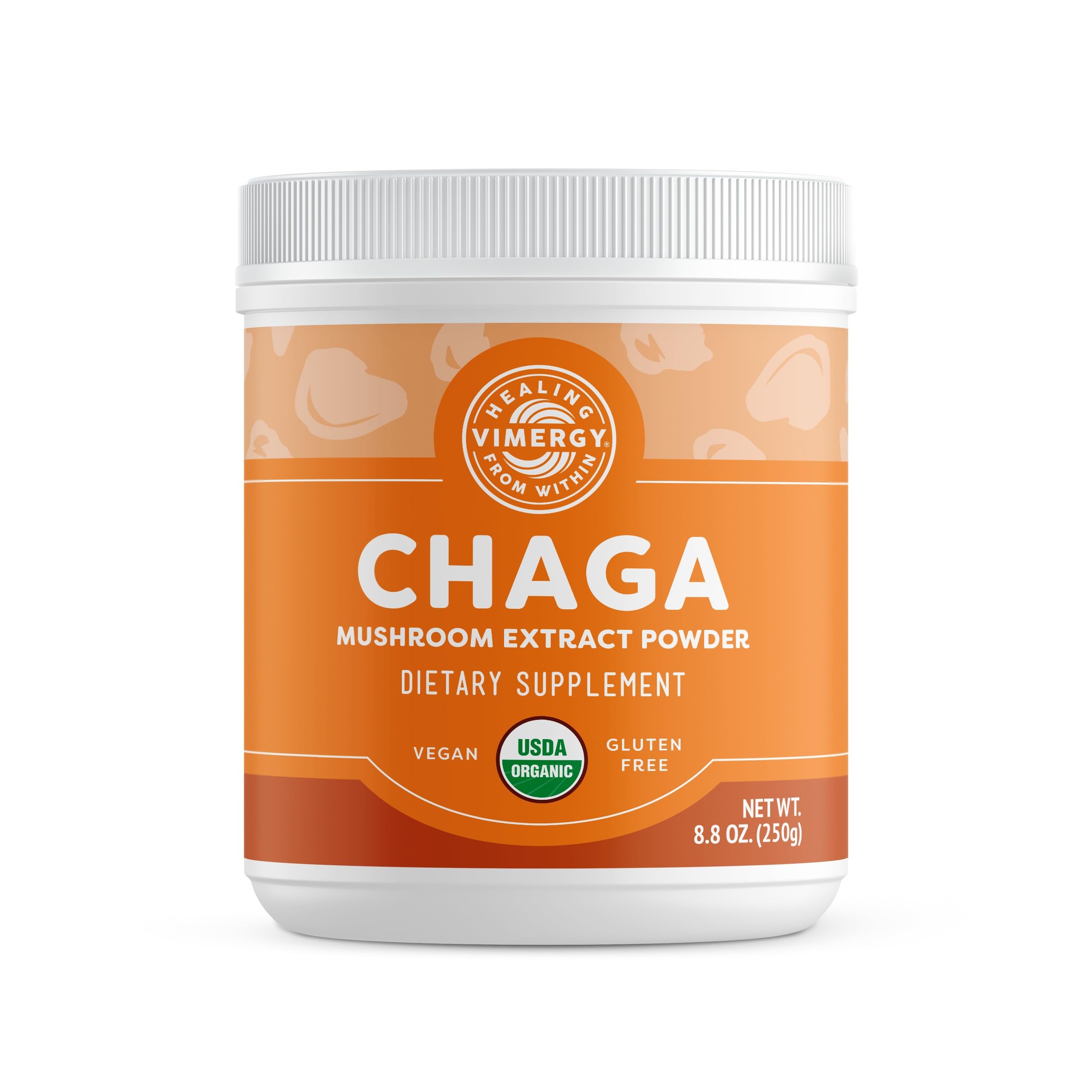 Vimergy wild chaga powder bottle, premium antioxidant support for daily wellness.
