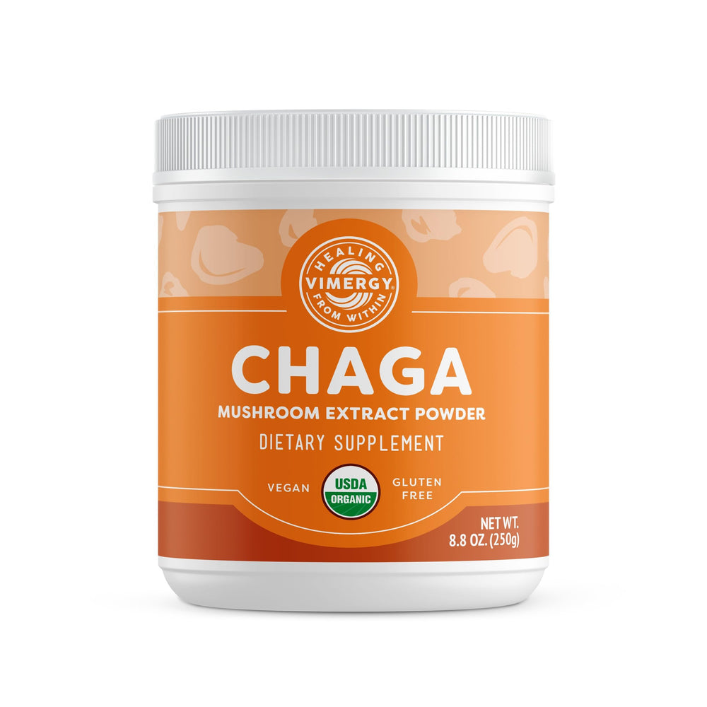 Vimergy wild chaga powder bottle, premium antioxidant support for daily wellness.