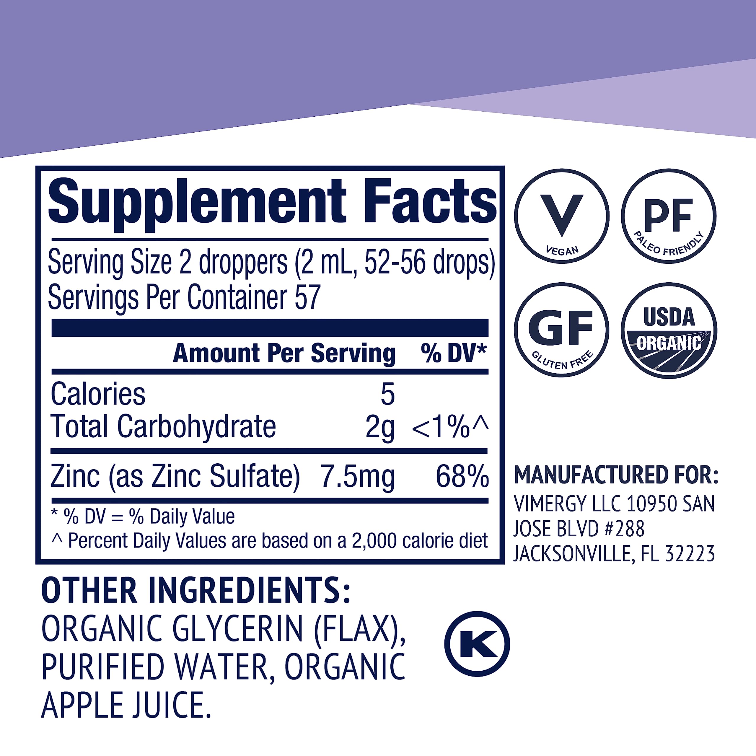 Vimergy Zinc Drops label shows USDA Organic and vegan formula.